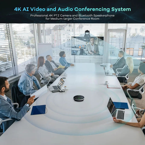 Conference room with people using 4K AI Auto Tracking PTZ Conference Camera System With Bluetooth Speakerphone And Microphone, 20X Optical Zoom, USB3.0 HDMI LAN PoE Power, All In One Video Conferencing Camera For Church Worship, Meetings, And Live Streaming