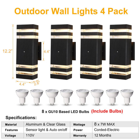 Dusk To Dawn Sensor Outdoor Wall Lights 4 Pack Up And Down Aluminum Waterproof Wall Sconces with 8 GU10 LED bulbs