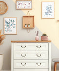 White dresser with four brass drawer pulls and knobs set with double mounting holes in vintage flower ring design 4.13 inch long bronze finish.