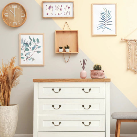 White dresser with four brass drawer pulls and knobs set with double mounting holes in vintage flower ring design 4.13 inch long bronze finish.