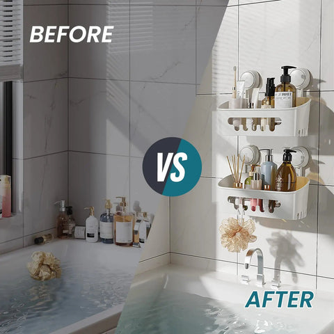 Two Pack Shower Caddy With Built Tough Suction Cups For Inside Shower Removable Shelves Waterproof Plastic Storage for Shampoo and Toiletries Bathroom Essentials Holder White installed in bathroom