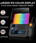 Dual Lens Endoscope Camera With Light Borescope 5 Inch HD IPS Screen showing no phone, WiFi, or app needed icons
