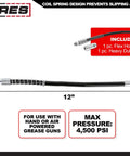 12 Inch Grease Gun Flex Hose With 4500 PSI Working Pressure Heavy Duty Coupler Included shown with specifications