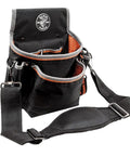 Tradesman Pro Tool Pouch With Padded Shoulder Strap And Reinforced Bottoms 15 Pocket Tool Organizer in black and orange