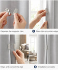 Heavy Duty Magnetic Curtain Clips For Blackout Windows With Beefy Adhesive Backing No Drill Hassle For Bedroom Office Or Bath Sweet Upgrade To Total Darkness And Snug Privacy Vibe installation steps showing magnetic clips attaching to gray curtains.
