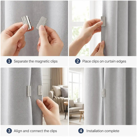 Heavy Duty Magnetic Curtain Clips For Blackout Windows With Beefy Adhesive Backing No Drill Hassle For Bedroom Office Or Bath Sweet Upgrade To Total Darkness And Snug Privacy Vibe installation steps showing magnetic clips attaching to gray curtains.