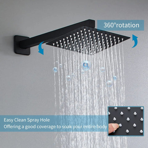 8 Inch High Pressure Rain Shower System With Tub Spout And Black Square Shower Head And 2 Setting Handheld Faucets Wall Mounted Valve Kit For A Dope Modern Bathroom showing black square shower head spraying water with easy clean spray holes and 360-degree rotation.