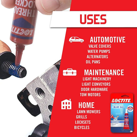 Tough As Nails Medium Strength Threadlocker Glue secures nuts and bolts during automotive and home maintenance repairs.