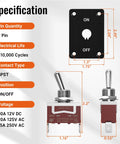 Specifications of Beefy Waterproof 12V DC 30A 2 Pin SPST On Off Toggle Switch for Marine Boat Automotive with panel dimensions.