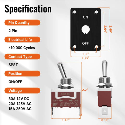Specifications of Beefy Waterproof 12V DC 30A 2 Pin SPST On Off Toggle Switch for Marine Boat Automotive with panel dimensions.