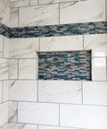 Bathroom wall with Dope Teal Blue Crystal Glass And Gray Marble Mosaic Tile Interlocking Sheets For Bathroom Walls Kitchen Backsplash and Fireplace Decor 12x12 Inch Mesh Backed Glass Stone Tile Set Durable Moisture Resistant Finish 5 Sq Ft inlay.