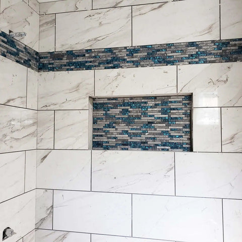 Bathroom wall with Dope Teal Blue Crystal Glass And Gray Marble Mosaic Tile Interlocking Sheets For Bathroom Walls Kitchen Backsplash and Fireplace Decor 12x12 Inch Mesh Backed Glass Stone Tile Set Durable Moisture Resistant Finish 5 Sq Ft inlay.