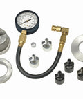 Oil Pressure Check Kit With Five Adapters For Domestic And Imported Engines 0 To 100 PSI Gauge 10 Piece Set parts displayed
