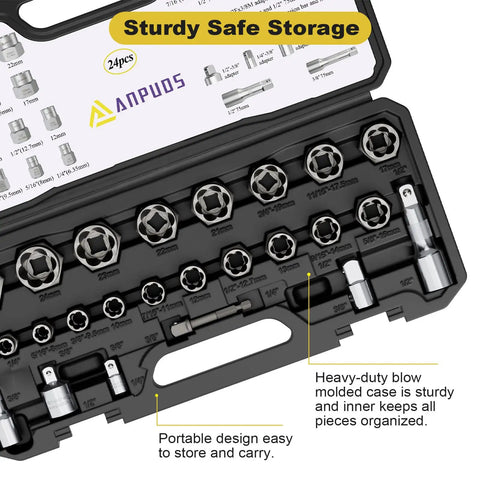 Heavy Duty 24 Piece Bolt Extractor Kit With One Half Inch And Three Eighth Inch Drive For Impact Removal of Stripped Damaged Rusted and Rounded Bolts And Nuts Lug Nut Removal Tool For Tough Jobs in black blow-molded case