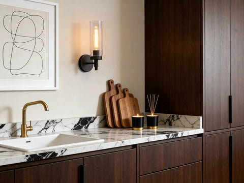 Matte Black Rustic Industrial Wall Sconce Light With Tubular Clear Glass Lampshade in modern kitchen setting