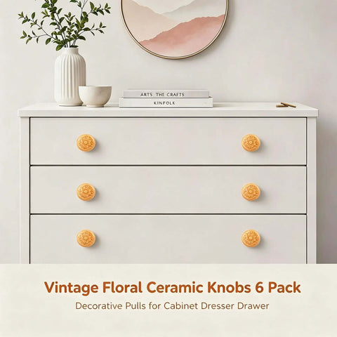 Set Of Six Bright Yellow Ceramic Cabinet Knobs Featuring Classic Floral Handles That Are Hella Durable And Ready For Zero Drama Cleanup This Total Kitchen Game Changer Adds Sweet Vintage Vibes To Any Drawer Or Cupboard Upgrade on white dresser.