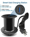 2 Inch Desk Power Grommet Outlet With USB C And USB A Recessed Power Strip, black unit with cord and USB-A, USB-C ports