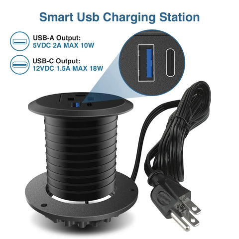 2 Inch Desk Power Grommet Outlet With USB C And USB A Recessed Power Strip, black unit with cord and USB-A, USB-C ports