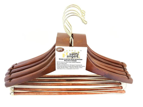Premium Wooden Hangers Set Of Five Curved Shoulder Hangers With Gold Hooks And Locking Bar, displayed on white background