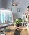 Woman using computer with Eye Friendly Desk Lamp For Home Office And Monitor Setup No Flicker LED Task Light, aluminum build