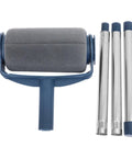 Extendable Paint Roller Kit With Telescopic Pole For Walls Doors And Ceilings with gray lint free sleeve and blue handle.