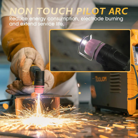 Plasma Cutter With Non Touch Pilot Arc, Dual Voltage 110/220V, 50 Amp Inverter, Large LED Display, IGBT Tech, sparks flying