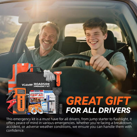 Emergency roadside kit in car with father and son, includes 8000mAh Portable Jump Starter With Air Compressor And Tire Inflator