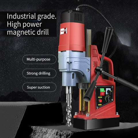 Heavy Duty Magnetic Drill Press 1350W Power, 600 RPM Forward and Reverse Tapping, Electric Drilling Machine with strong suction base.