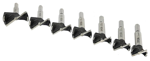 Premium Steel Forstner Drill Bit Set Seven Piece Carpenter Must Have Kit That Knocks Out Clean Woodworking Holes Smooth Cutting Pro Grade Job Site Hardware Rack, seven bits in various sizes, carbon steel with flat bottom design.