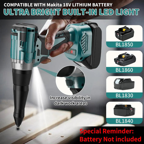Edtran Brushless Cordless Electric Rivet Gun Compatible With Makita 18V Battery Pop Riveter Tool Kit showing LED light feature for visibility.