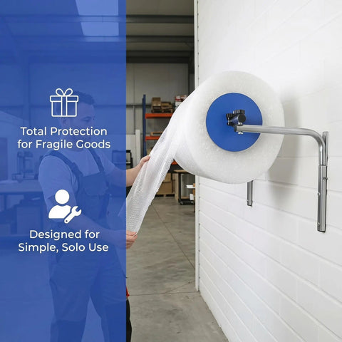 Straight Up Wall Mount Bubble Wrap Dispenser And Rock Solid Foam Roll Holder For Pro Level Packing Stations mounted on wall with protective bubble wrap.