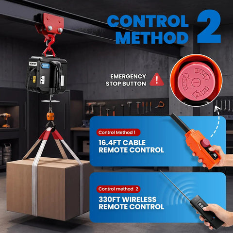 Electric Hoist Pro 1100lb Winch With Single And Double Hooks, showing remote controls and emergency stop button in garage setting