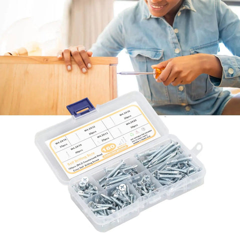 Self Drilling Screws Kit 160 Pcs Carbon Steel Blue Zinc Plated Countersunk Cross Head Fasteners M4.2 For Wood Heavy Duty Rust Resistant Ultra Sharp Threads Deep Thread Design Easy Grip Quick Install in storage box