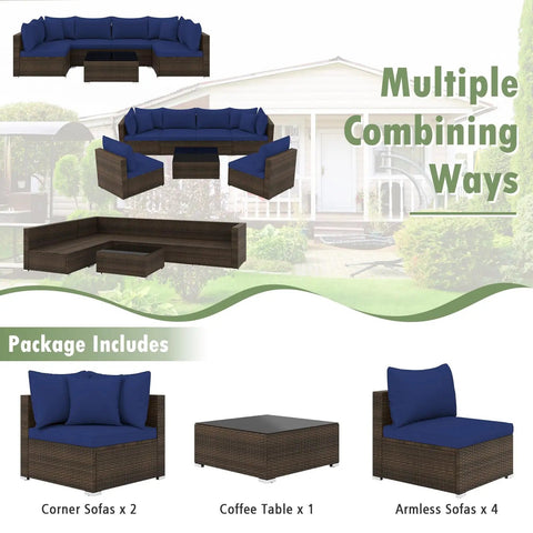 7 Piece Outdoor Wicker Patio Furniture Set for Six With Cushions, 2 Throw Pillows, Sofa Fastener Clips, Rattan Sectional view
