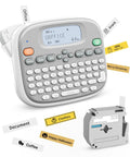 Top Shelf Qwerty Label Maker Featuring Waterproof Build And Portable Slick Design With Type C And Battery Power For Stress Free Home Office Organization Including One White 12mm Core Tape showing label options and display.