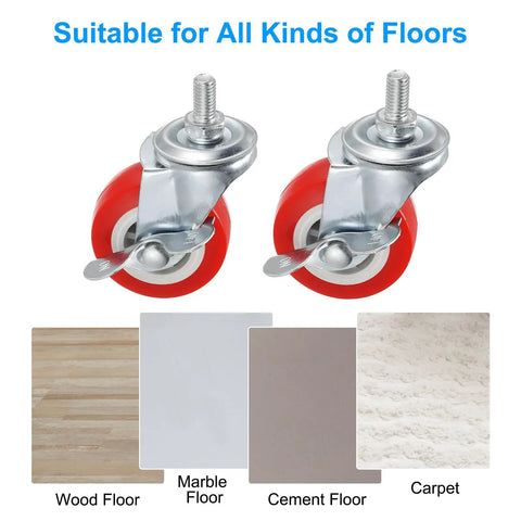 2 Inch Swivel Caster Wheels With Brakes Set Of 4 For Furniture Chairs Heavy Duty 264 Lb Total Load M8 X 15mm Threaded Stem PVC Castors With Nuts Gaskets Wrench Red