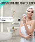 Woman in towel next to a 12 Inch No Drill Shower Grab Bar With Strong Suction Cup Safety Hand Rail on bathroom wall.