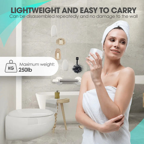Woman in towel next to a 12 Inch No Drill Shower Grab Bar With Strong Suction Cup Safety Hand Rail on bathroom wall.