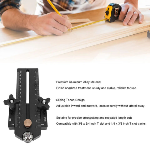 Thin Tear Jig For Table Saw Aluminum Woodworking Tool With Adjustable Sliding Tenon on workbench with tape measure