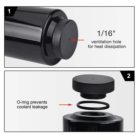 Premium Aluminum Coolant Overflow Tank And Radiator Reservoir Bottle With 800ml Capacity showing ventilation hole and O-ring design.