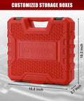 Red storage case for 19 Piece One Half Inch Drive Standard Impact Socket Set SAE Shallow Depth Three Eighths To One And One Half Inch Cr-Mo Alloy Steel Radius Corner Design Heavy Duty Impact Built Tough For High Torque Tasks.
