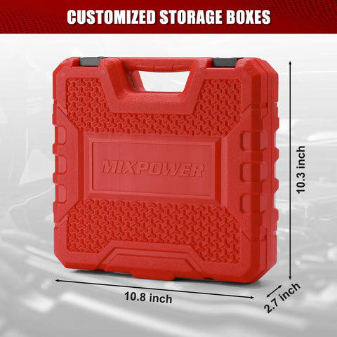 Red storage case for 19 Piece One Half Inch Drive Standard Impact Socket Set SAE Shallow Depth Three Eighths To One And One Half Inch Cr-Mo Alloy Steel Radius Corner Design Heavy Duty Impact Built Tough For High Torque Tasks.