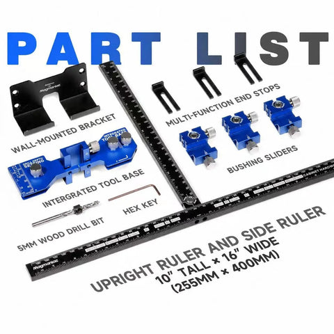 Professional Cabinet Hardware Jig With Micro Adjustment Slider And Drill Bit Storage For Nailing Drawer Pull Placement Right On The Money Smooth DIY Woodworking Alignment Tool That Saves Your Knuckles showing parts like wall-mounted bracket and 5mm drill bit.