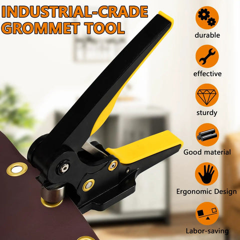 Heavy Duty Grommet Tool Kit and Eyelet Punch Machine with three to five inch die shown punching gold brass grommets into fabric