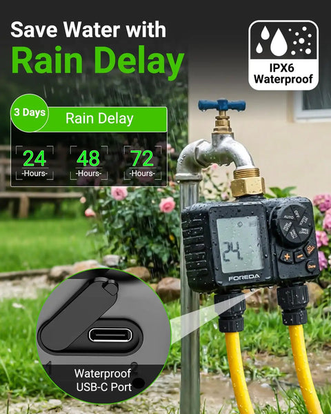 Two Zone Water Timer For Garden Hose With USB C Rechargeable Battery featuring IPX6 waterproof rating and rain delay feature