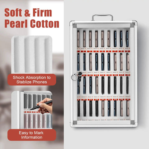 Built Different 36 Slot Cell Phone Locker With Heavy Duty Aluminum Frame And Secure Lock organizational design showcasing phones in slots.