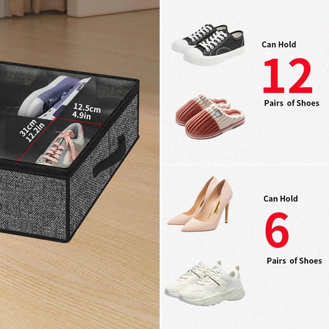 Sick Under Bed Shoe Storage Organizer Set Of 2, Straight Up Closet Flex Hosting Up To 24 Pairs Of Kicks, Clear Window, Breathable Black Linen Look, Foldable Space Saver Design