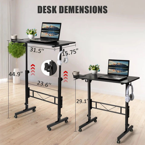 Rollin Standing Desk With Adjustable Height On Wheels For Treadmill Sessions Portable Sit Or Stand Computer Table For Walking Pad 31 Inch Surface Black showing dimensions and height range.