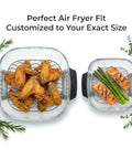 Solid Heavy Duty Two Piece Stainless Steel Crisper Rack Compatible With Ninja Crispi Air Fryer FN101 And AS101 Upgraded Grill Lifter For Four Quart Bowl And Six Cup Container featuring crispy chicken wings and grilled salmon with asparagus.