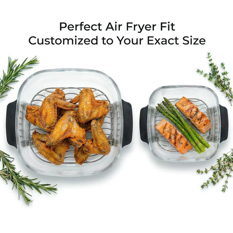 Solid Heavy Duty Two Piece Stainless Steel Crisper Rack Compatible With Ninja Crispi Air Fryer FN101 And AS101 Upgraded Grill Lifter For Four Quart Bowl And Six Cup Container featuring crispy chicken wings and grilled salmon with asparagus.